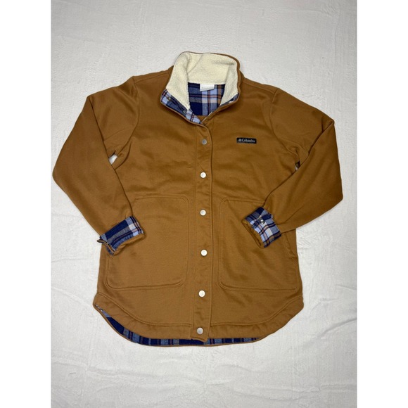 Columbia Women's Hart Mountain Shacket Lined Fleece Camel Plaid Medium - Picture 2 of 9